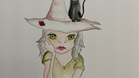The witch and the cat watercolor painti digital version ng
