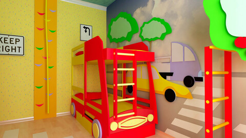 Children's room interior with car bed