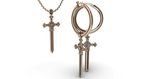 Set earrings with pendant sword