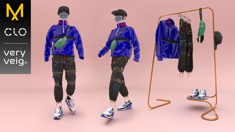 Men's Streetwear Outfit 01 - Anorak, Techwear Pants, Bumbag, Sneakers & Hat (MD & Clo3d Project files + .Obj)