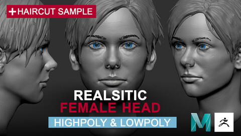 Realistic Female Head Highpoly & Lowpoly (topology for animation)