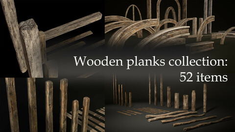 56 Wooden items collection: Planks, Poles, Arches and Beams - 52 pieces and four assets