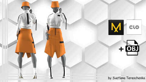 Women's outfit. Set orange-white. Bomber+Skirt+Panama+Shoes