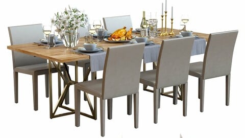 3D Model / Table Set with Food 01 / Crate&Barrel Furniture / White lilies / Roasted Chicken / Tableware