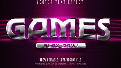 Games. Play now! text, silver color style editable text effect