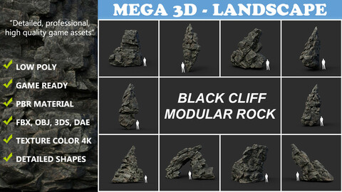Low poly Black Cliff Modular Rock 210712