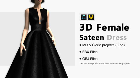 Black Sateen Dress. Marvelous Designer, Clo3d project + OBJ/FBX files