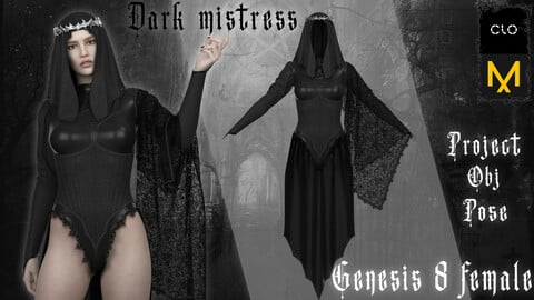 Dark mistress. Clo3d/Marvelous designer. Zprj/Obj/Pose