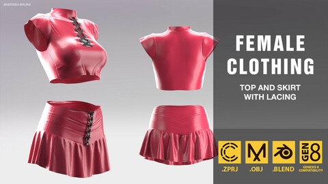 Women's suit. Top and skirt with lacing. MD/CLO3D PROJECT FILE + OBJ + BLEND