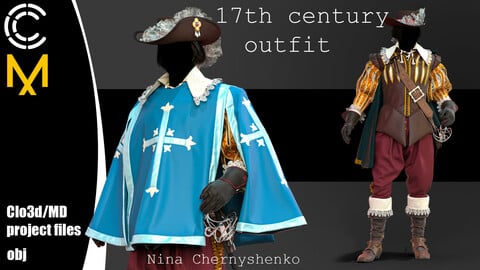 17th century outfit. Marvelous Designer/Clo3d project + OBJ.