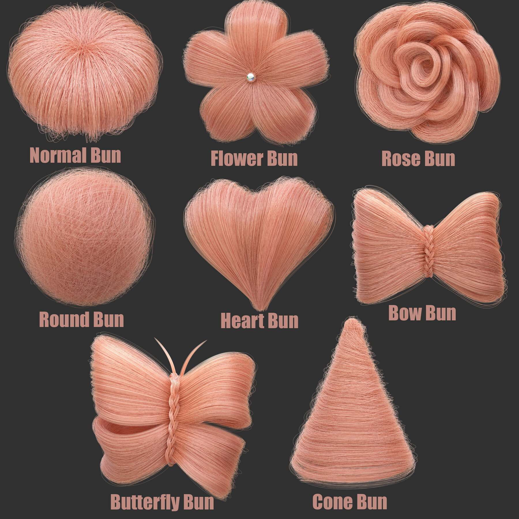 ArtStation 8 types of Bun for Hairstyles (Blender) Game Assets