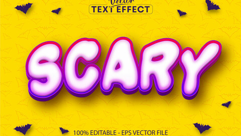 Scary text, halloween and cartoon style editable text effect on yellow color bat pattern textured background