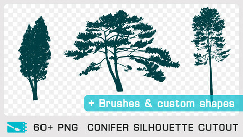 CONIFER SILHOUETTE CUTOUT - Traditional painting pack - 60+ PNG & FREE Brushes + Custom Shapes