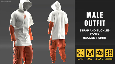 Male outfit. Strap and buckles pants, hooded t-shirt. MD/CLO3D PROJECT FILE + OBJ + BLEND