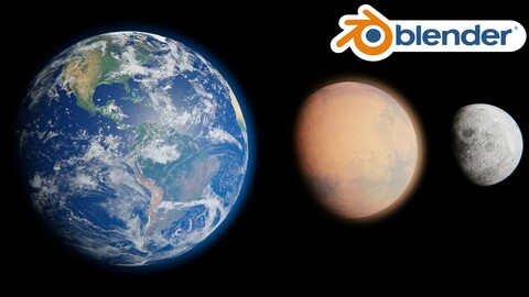 Earth, Mars, Moon (Blender Planet Model Pack)