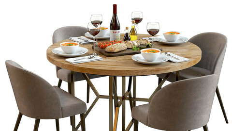 3D Model / Table Set with Food 02 / Crate&Barrel Furniture / Bread Board / Tomato Soup / Tableware