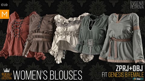 5 blouses. Clo3d, MD projects + OBJ. Medieval and Fantasy collection