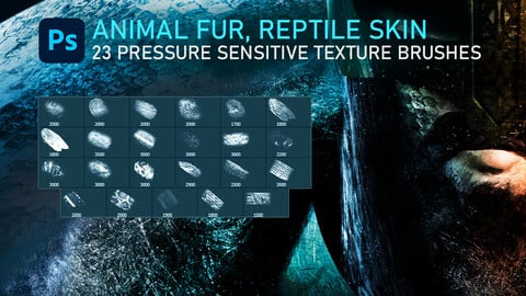 Animal fur / hair, reptile / snake skin and crow feathers texture pressure sensitive photoshop brushes.