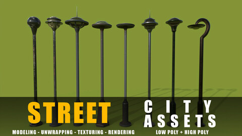 street lams series old game ready street assets low poly and high poly