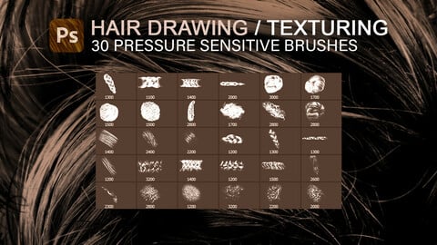 30 braid, curly and wet hair drawing and texturing pressure sensitive photoshop brush set.