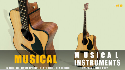 Acoustic Guitar Musical instruments full detail low poly and high poly