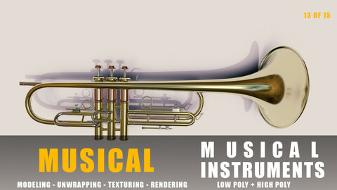 trumopet instruments full detail low poly and high poly