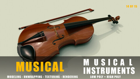 violin instruments full detail low poly and high poly