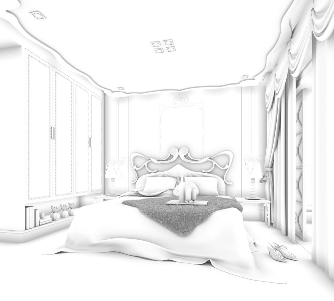 скетч спальни. яркий минималистичный интерьер. Room 27. головной офис головоломка. Reception 3d model.