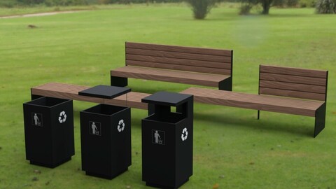 Park Bench Set with Trash Cans