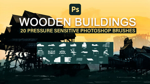 Wooden buildings, houses and cabins pressure sensitive photoshop brush set.