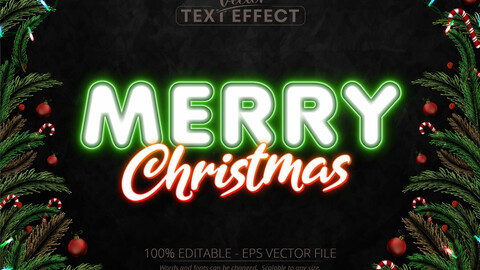 Merry christmas text, neon style editable text effect on black grunge background