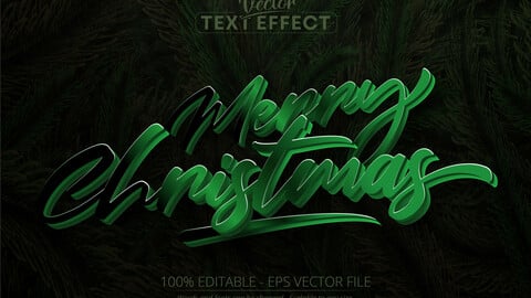 Merry christmas text, calligraphic style editable text effect on pine tree leaves background