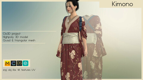 KIMONO (complete female japanese traditional outfit made in Clo3D/Marvelous Designer): zrpj, obj,fbx, PBR 4K