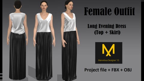 Female Outfit. Long Evening Dress (Top + Skirt) Marvelous Designer