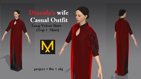 Dracula's wife Casual Outfit  Long Velvet Shirt (Top + Skirt) Marvelous Designer Halloween