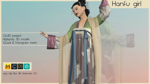 HANFU GIRL (complete female chinese traditional outfit made in Clo3D/Marvelous Designer): zrpj, obj,fbx, PBR 4K