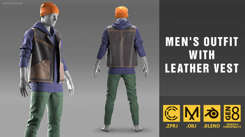 Mens outfit with leather vest. Marvelous Designer + OBJ + BLEND