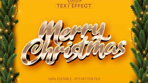 Merry christmas text, shiny rose gold style editable text effect on yellow background