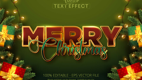 Merry christmas text, shiny rose gold color style editable text effect on green background