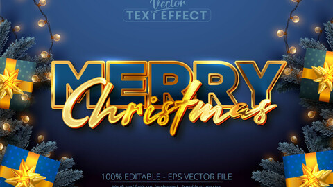 Merry christmas text, shiny gold color style editable text effect