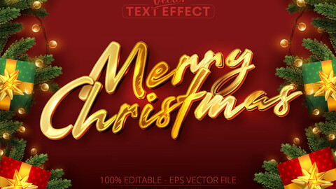 Merry christmas text, shiny gold color style editable text effect