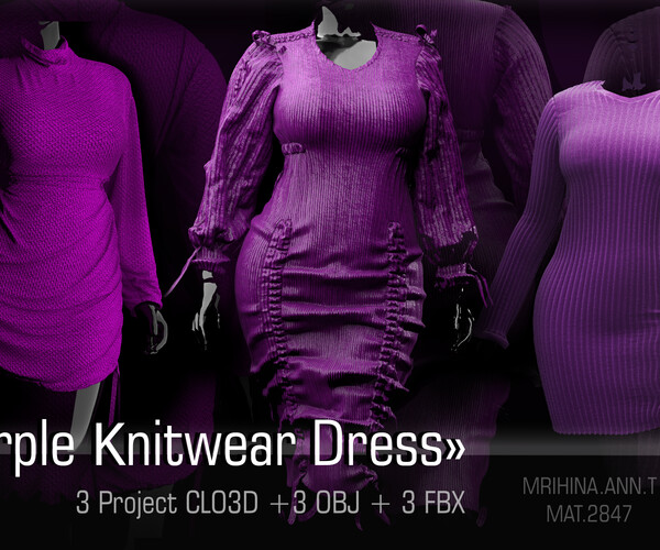 ArtStation .Purple Knitwear Dress. Clo3d, Marvelous Designer Game