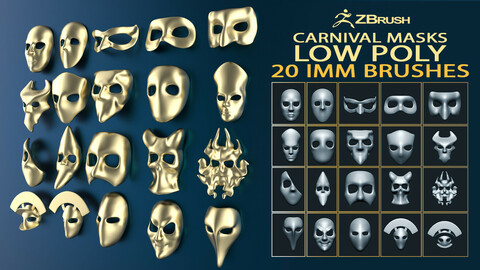 20 Carnival mask shapes low poly Zbrush IMM brush set.