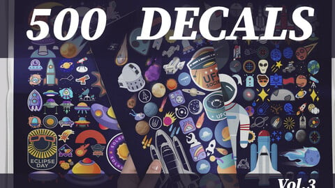 500 Decals Space Vol.3(Spaceman, spaceship, UFO, Mars, Moon, rocket, Venus, Mercury, Jupiter, Sun, cartoon, watercolor, satellite, space station, meteor, scientific, science fiction, sticker, ...)