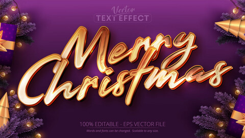 Merry christmas text, shiny gold color style editable text effect