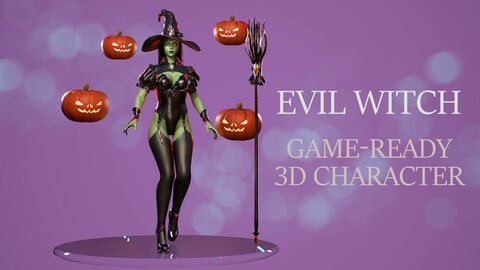 Evil Halloween Witch - Cute Wizard Sorcerer Mage Cartoon Girl Stylized Character Game-Ready Low-poly 3D model