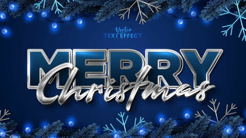 Merry christmas text, shiny silver color style editable text effect