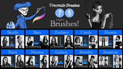 75 Procreate Brushes, Stamps, Chains, Tattoo, Jewelry, Patterns, Icons & Much More!
