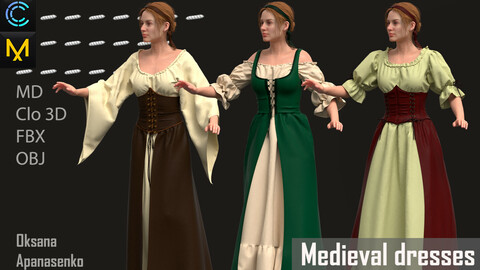 Medieval dresses. Clo 3D/MD project + OBJ, FBX files