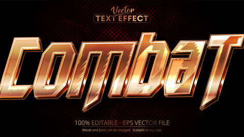 Combat text, shiny golden color editable text effect on dark red textured background